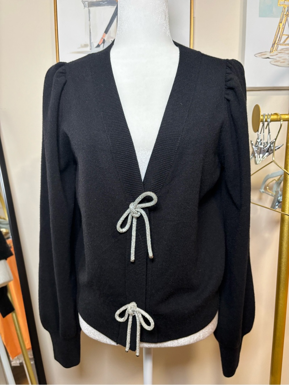 Express Black Rhinestone Bow Cardigan Puff Sleeve Size M